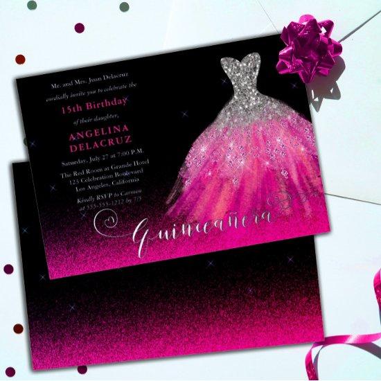 Elegant Pink Spanish Gown Quinceañera - Silver Foil