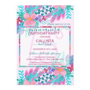 Elegant Pink Teal Painted Flowers Leaf Quinceañera