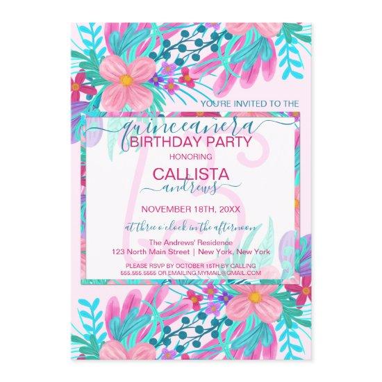 Elegant Pink Teal Painted Flowers Leaf Quinceañera