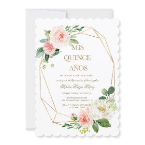 Elegant Pink White Flowers Gold Quinceañera