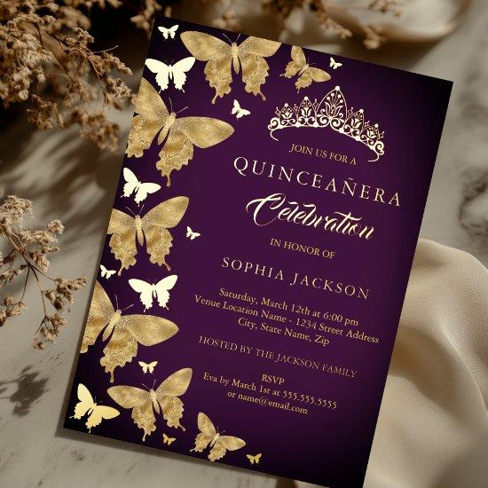 Elegant Plum Purple Gold Butterfly Quinceanera Foil