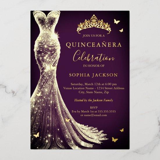 Elegant Plum Purple Gold Butterfly Quinceanera Foil