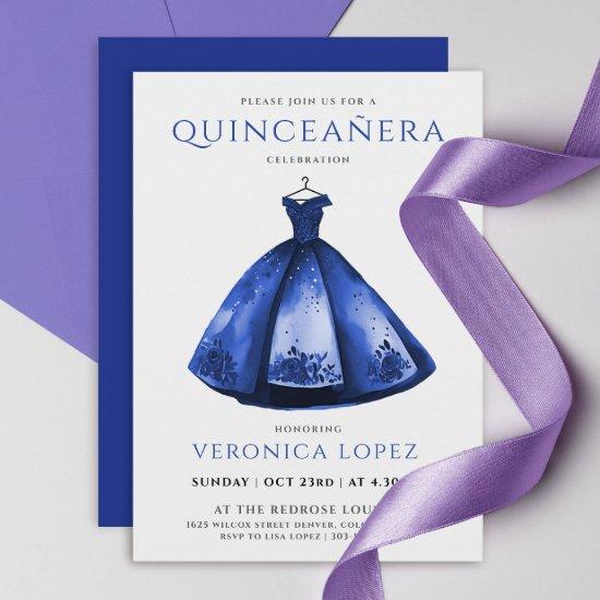 Elegant Princess Blue Dress Quinceañera Watercolor