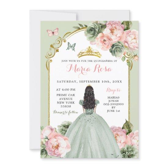 Elegant Princess Sage Green Dusty Rose Quinceañera
