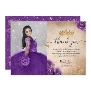 Elegant Purple and Gold Quinceañera Photo Birthday Thank You Card