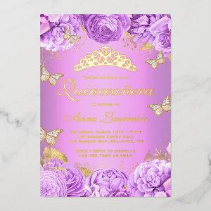 Elegant Purple Floral Butterflies Quinceanera Foil