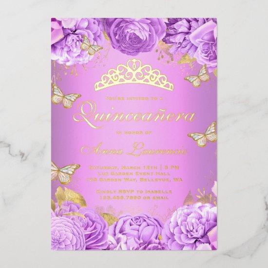 Elegant Purple Floral Butterflies Quinceanera Foil