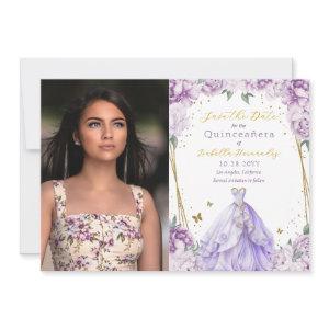 Elegant Purple Floral Photo Quinceañera Save The Date