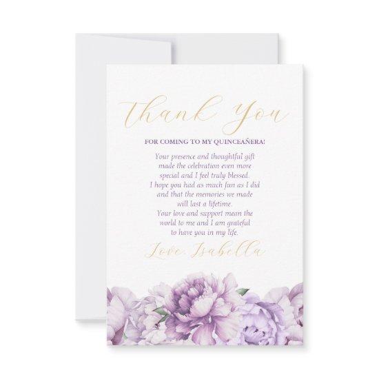 Elegant Purple Floral Photo Quinceañera Thank You Card