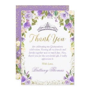 Elegant Purple Floral Sparkle Gold Quinceanera  Thank You Card