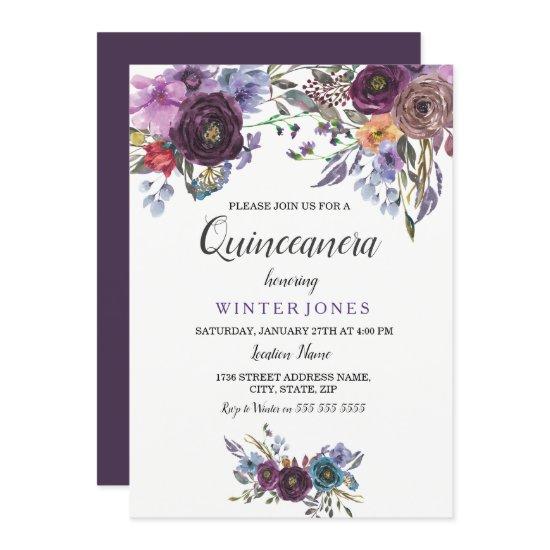 Elegant Purple Floral Winter Quinceanera Invite