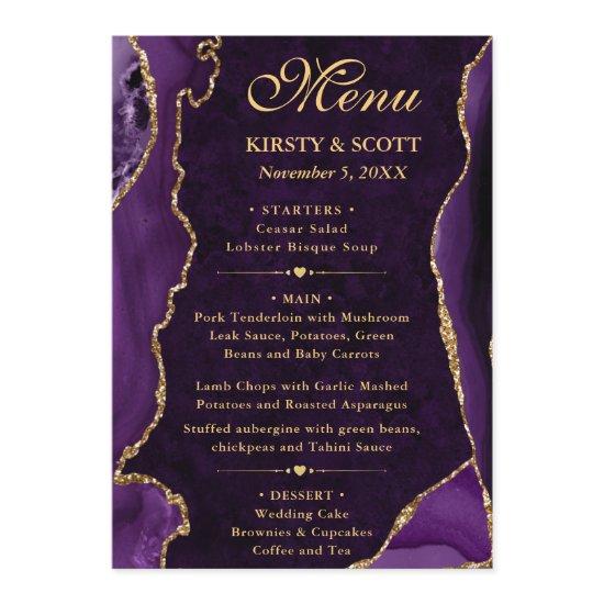 Elegant Purple & Gold Faux Glitter Agate Wedding Menu