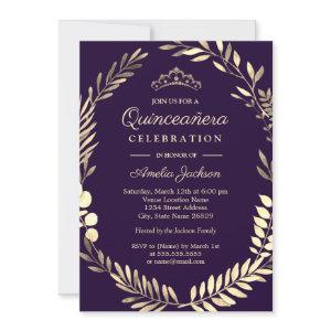 Elegant Purple Gold Watercolor Wreath Quinceanera