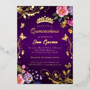 Elegant Purple Rose Swirl Gold Quinceañera Foil