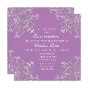 Elegant Purple Silver Ornate Floral Quinceañera