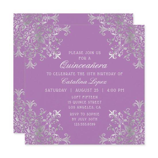 Elegant Purple Silver Ornate Floral Quinceañera