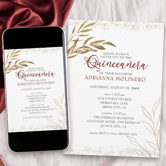 Elegant Quinceanera and Mass Red and Gold Leaf