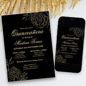 Elegant Quinceanera Black and Gold Sketch Floral