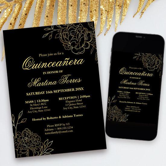 Elegant Quinceanera Black and Gold Sketch Floral