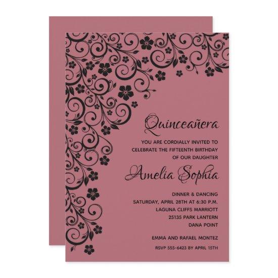 Elegant Quinceañera Black & Rose Gold Swirls