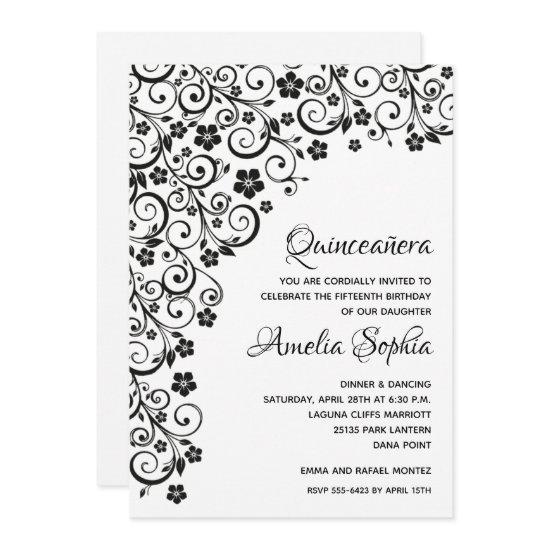 Elegant Quinceañera Black Swirls & Flowers