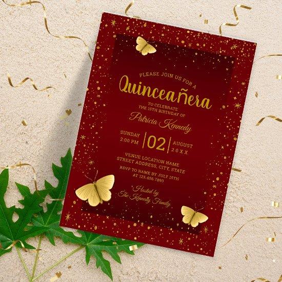 Elegant Quinceanera Burgundy And Gold Butterflies  Acrylic
