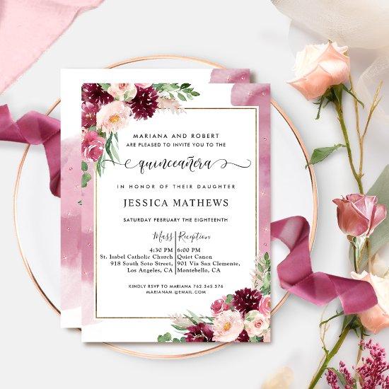 Elegant Quinceañera Burgundy Blush Pink Floral