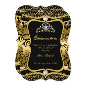Elegant Quinceanera Gold Black Damask Tiara Invite