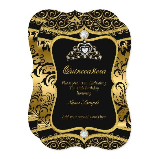 Elegant Quinceanera Gold Black Damask Tiara Invite