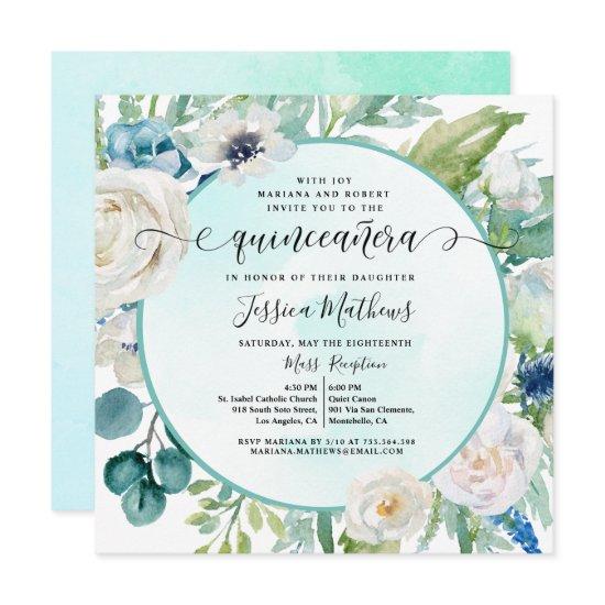 Elegant Quinceañera in Aqua Turquoise Teal Floral