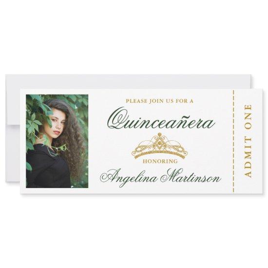 Elegant Quinceanera Photo Green and Gold Ticket