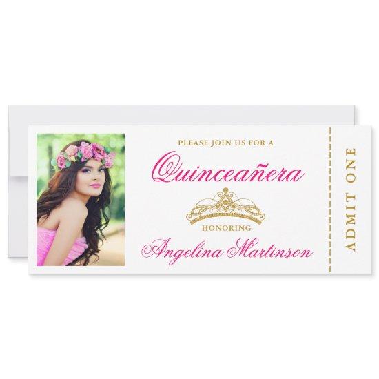 Elegant Quinceanera Photo Hot Pink and Gold Ticket