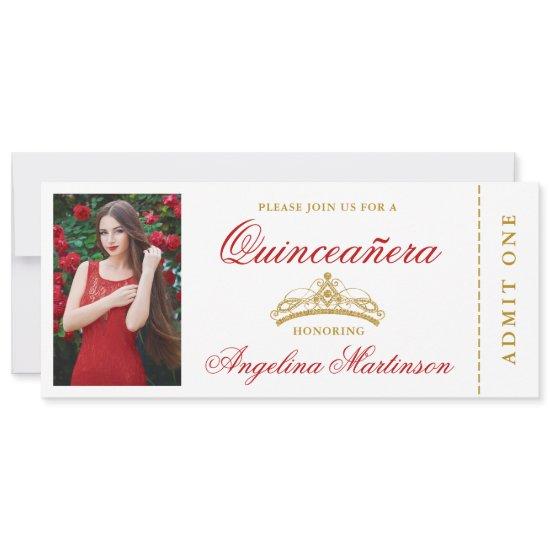 Elegant Quinceanera Photo Red and Gold Ticket