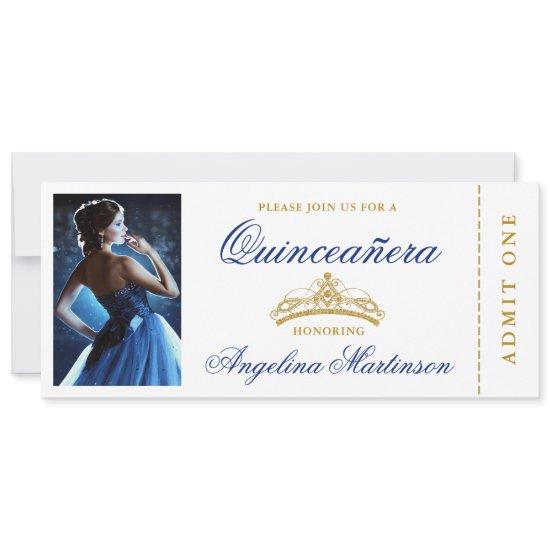 Elegant Quinceanera Photo Royal Blue Gold Ticket