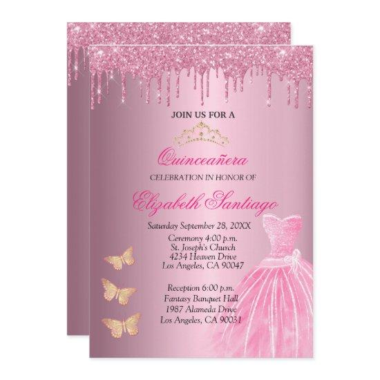 Elegant Quinceañera Pink and Gold Glitter Drips In