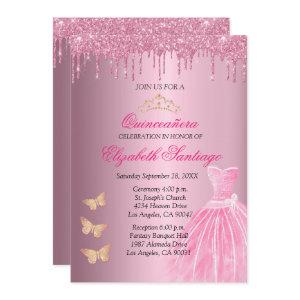 Elegant Quinceañera Pink and Gold Glitter Drips