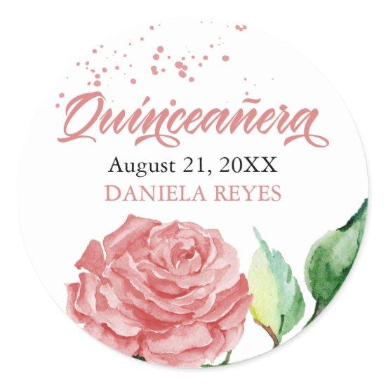 Elegant Quinceanera Pink Rose Watercolor Custom Classic Round Sticker