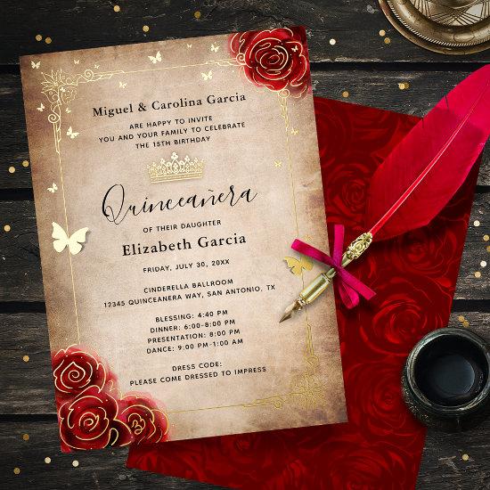 Elegant Quinceanera Red Rose Gold Foil
