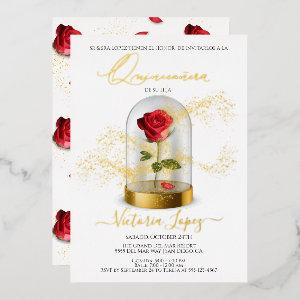 Elegant Quinceañera Red Rose in Spanish Foil