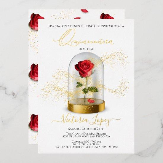 Elegant Quinceañera Red Rose in Spanish Foil