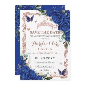 Elegant Quinceañera Royal Blue Floral Rose Gold Save The Date