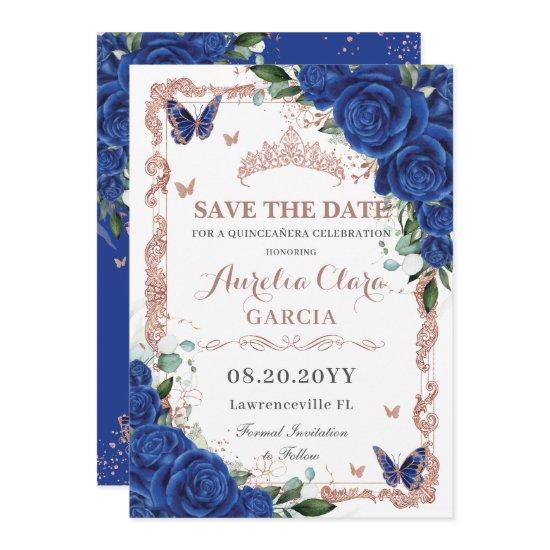 Elegant Quinceañera Royal Blue Floral Rose Gold Save The Date