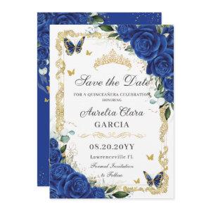 Elegant Quinceañera Royal Blue Floral Vintage Gold Save The Date