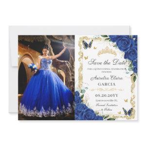 Elegant Quinceañera Royal Blue Floral Vintage Gold Save The Date