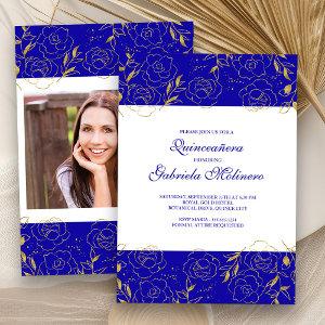Elegant Quinceanera Royal Blue Gold Floral Photo