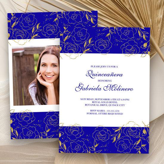 Elegant Quinceanera Royal Blue Gold Floral Photo