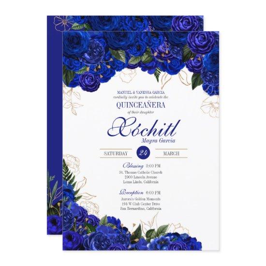 Elegant Quinceanera - Royal Blue Gold Roses Floral