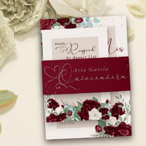Elegant Quinceanera Script Burgundy Red  Belly Band