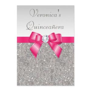Elegant Quinceañera Silver Sequins Hot Pink Bow