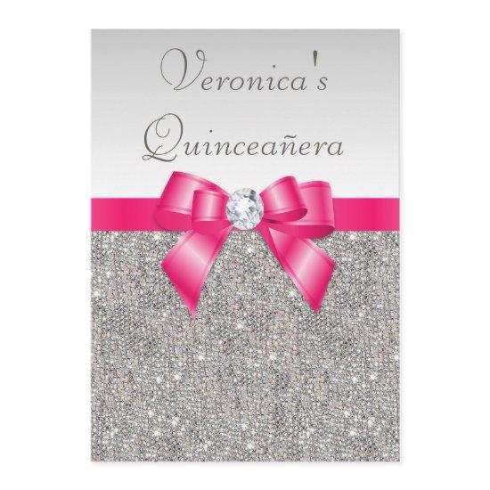 Elegant Quinceañera Silver Sequins Hot Pink Bow